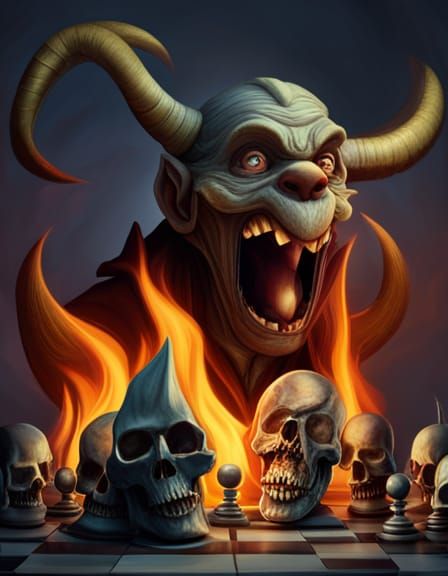 Fiery Horned Demon Plays Chess with Bill Gates