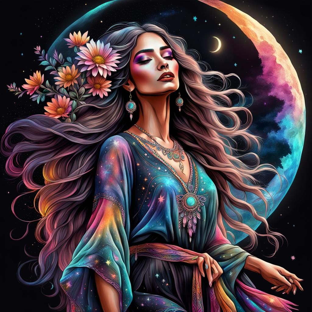 Vibrant Bohemian Woman Portrait with Astral Accents