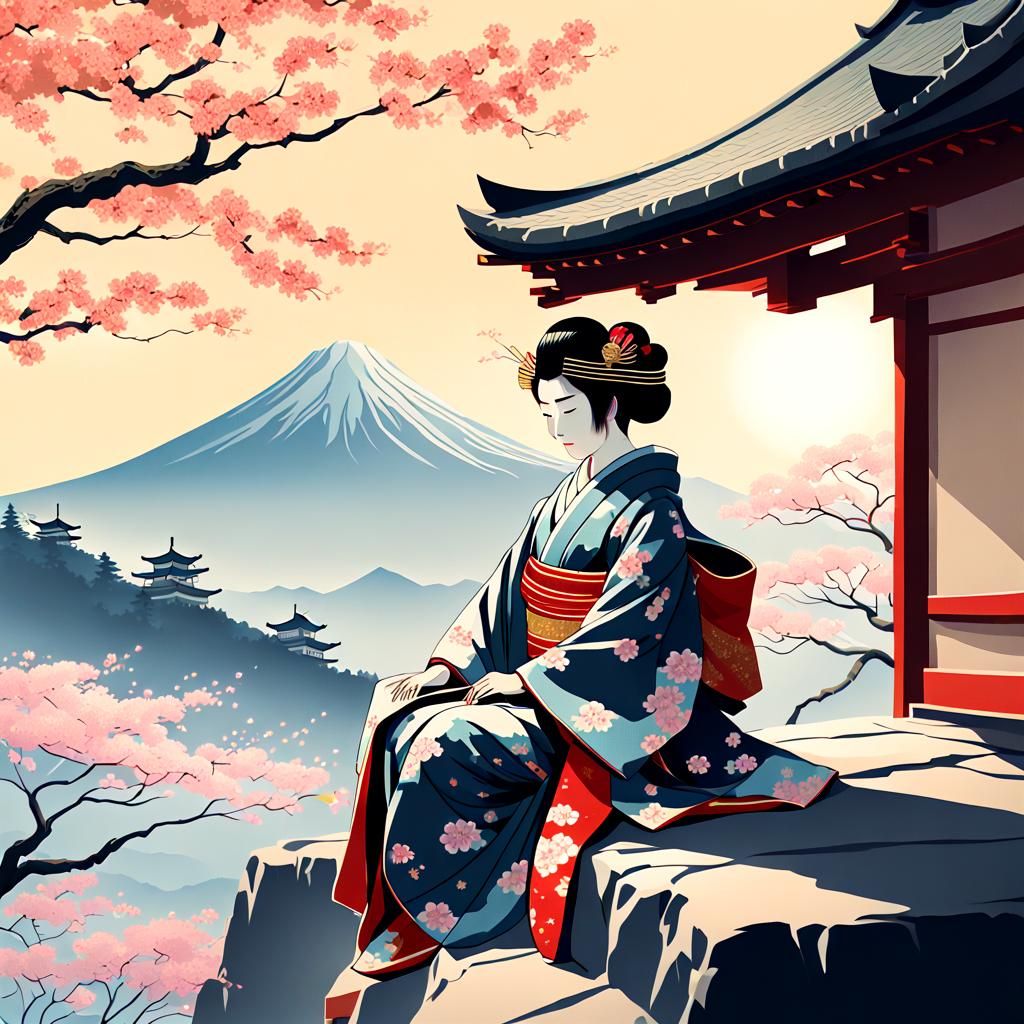 Geisha and Samurai Overlook Mount Fuji in Ukiyo-e Style
