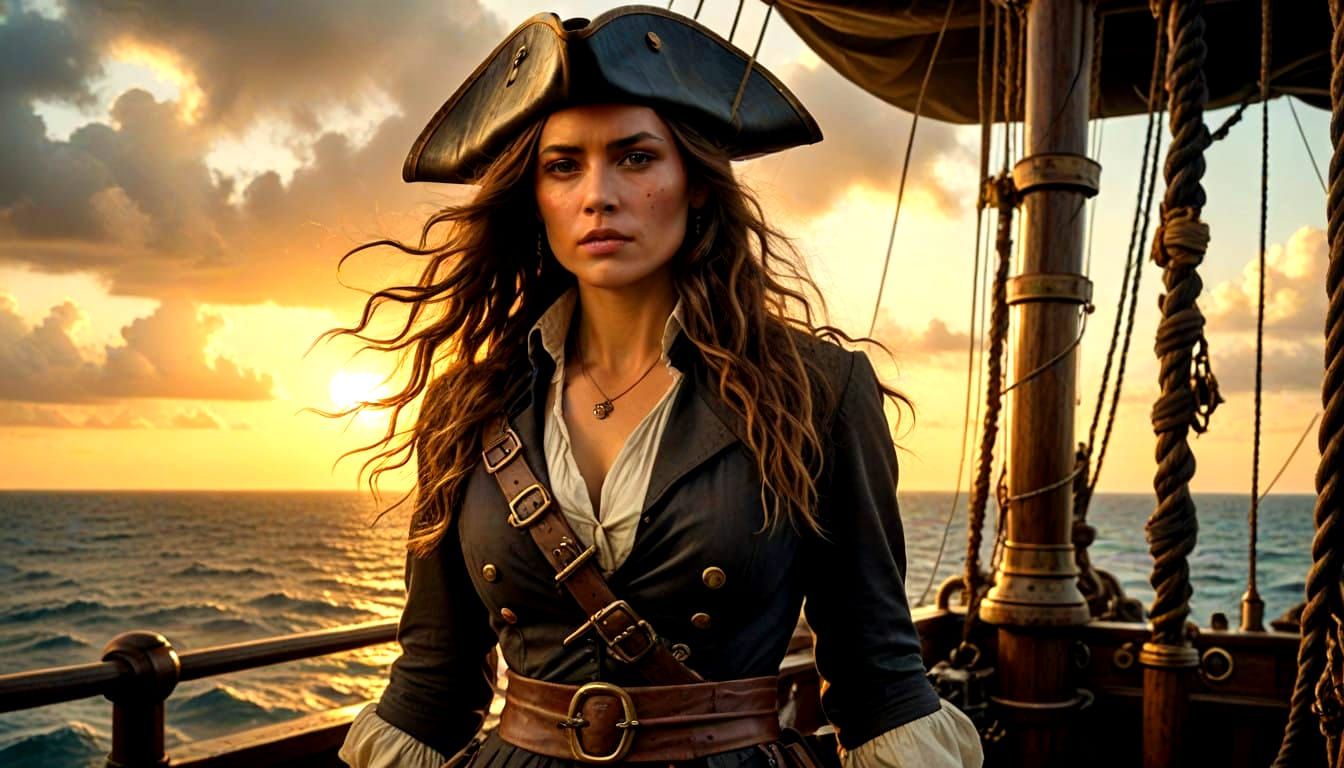 Pirate Captain at Sunset in Cinematic Style
