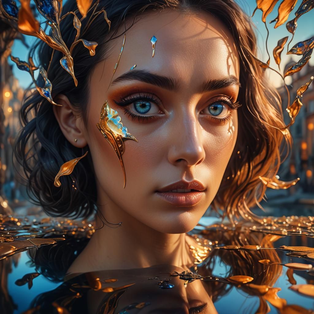 Dreamy Portrait with Reflective Eyes, in Surrealist Style