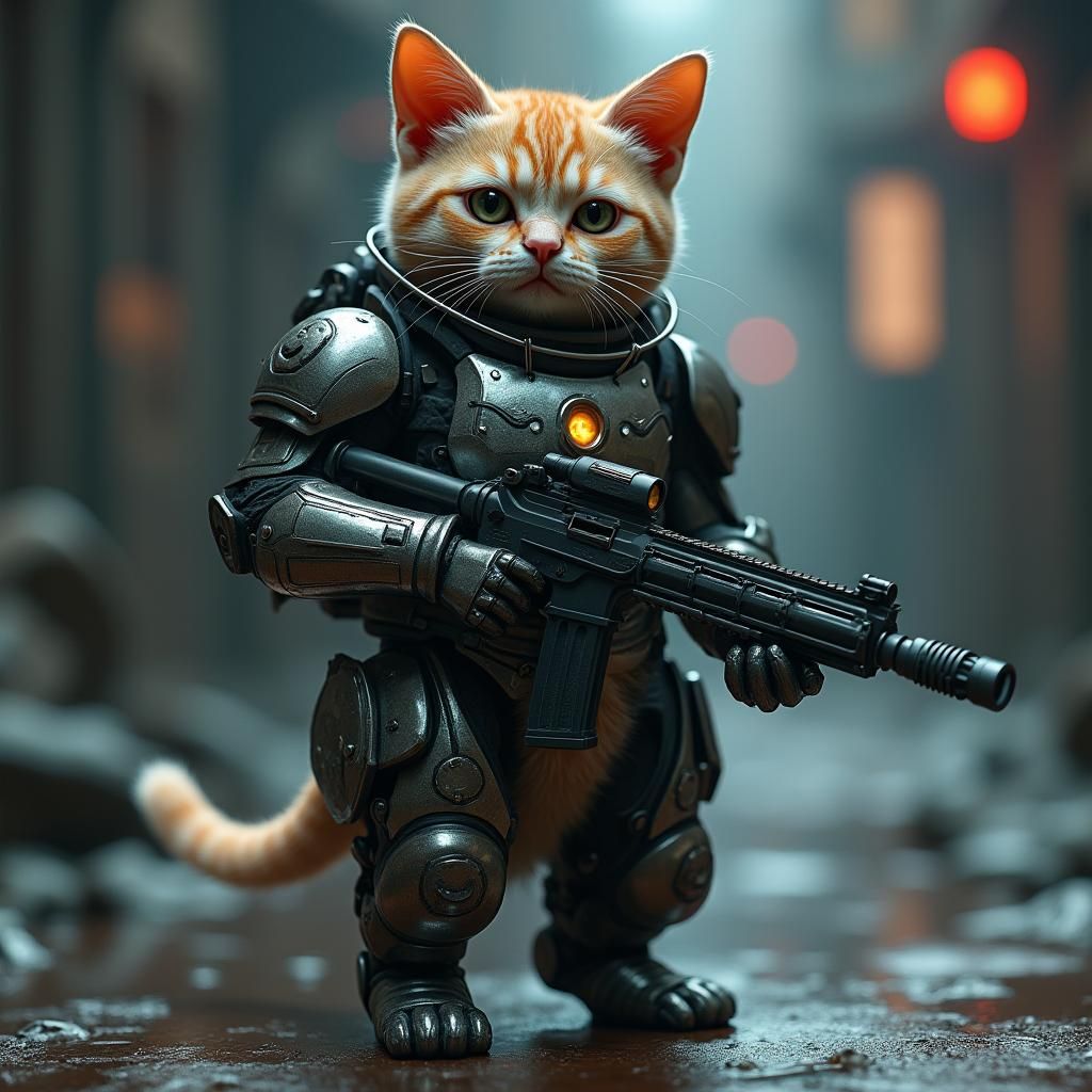 Armored Cat with Machine Gun in Sci-Fi Setting