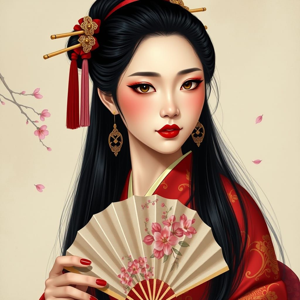 Stunning Asian Woman in Vibrant Red Kimono with Golden Patte...