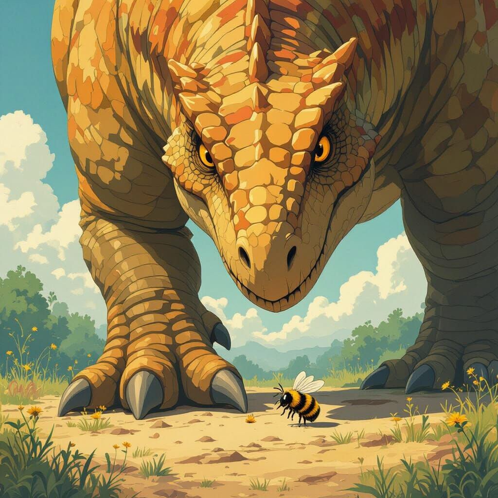 Giant Dinosaur Gently Crushes Bumblebee in Dreamlike Scene