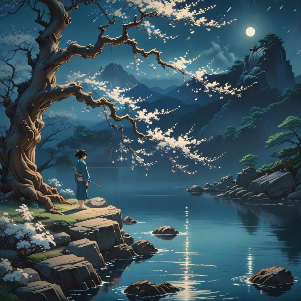 Romantic Realism: Serene Figure Under Cherry Blossoms