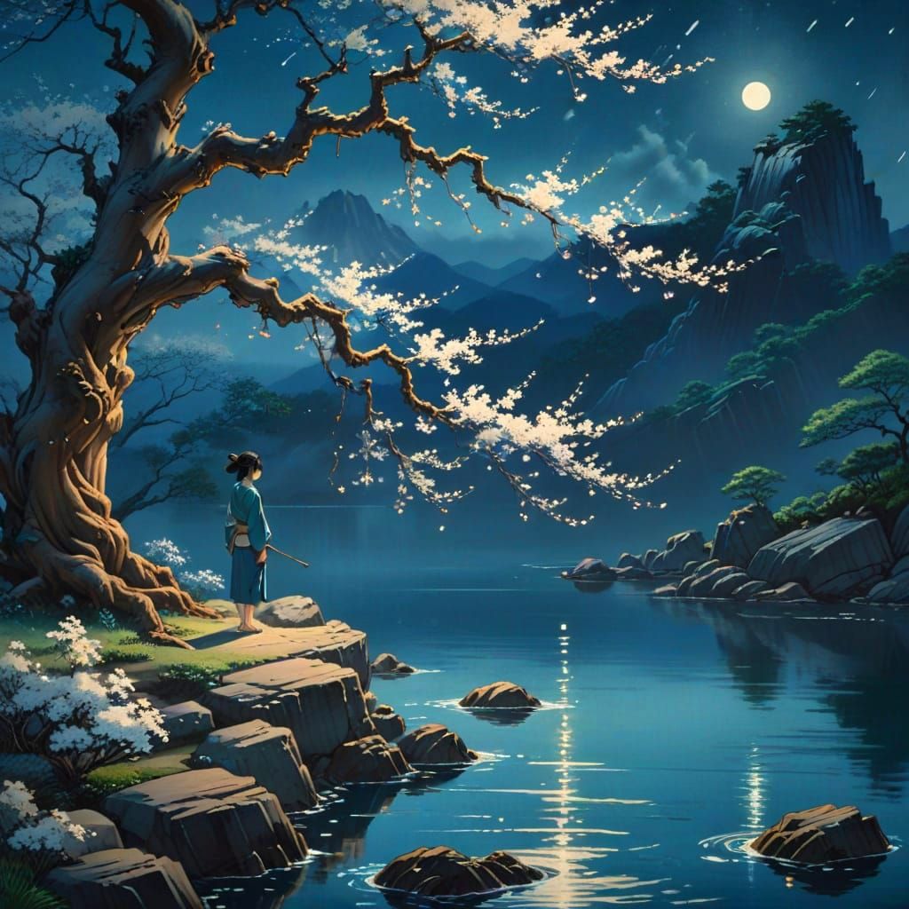 Romantic Realism: Serene Figure Under Cherry Blossoms