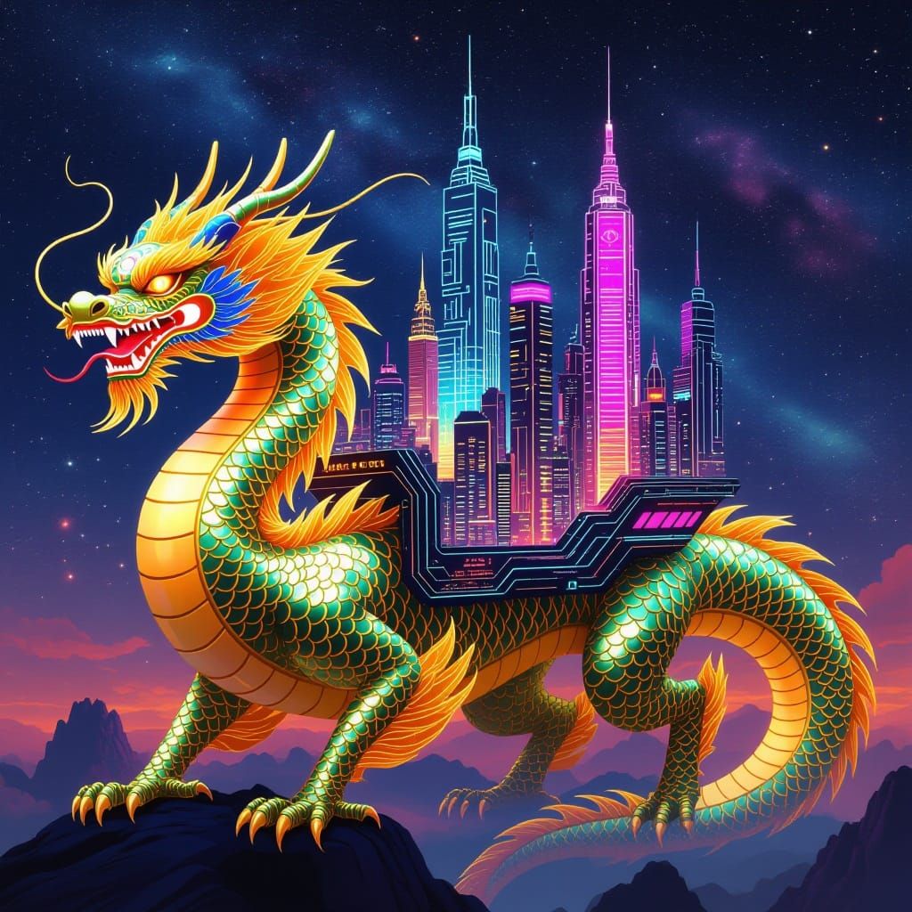 Cyberpunk Dragon Carries Futuristic Cityscape Across Starry ...