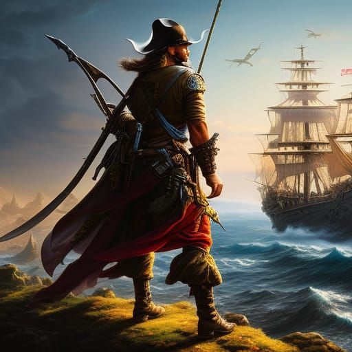 Detailed Pirate Captain on Deck in Ethereal Fantasy Style