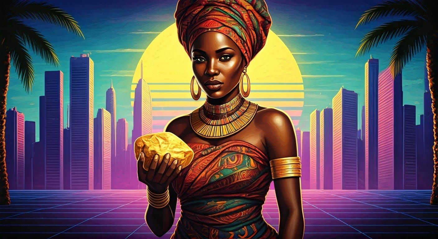 African Woman with Gold Nugget in Vaporwave Chalk Art
