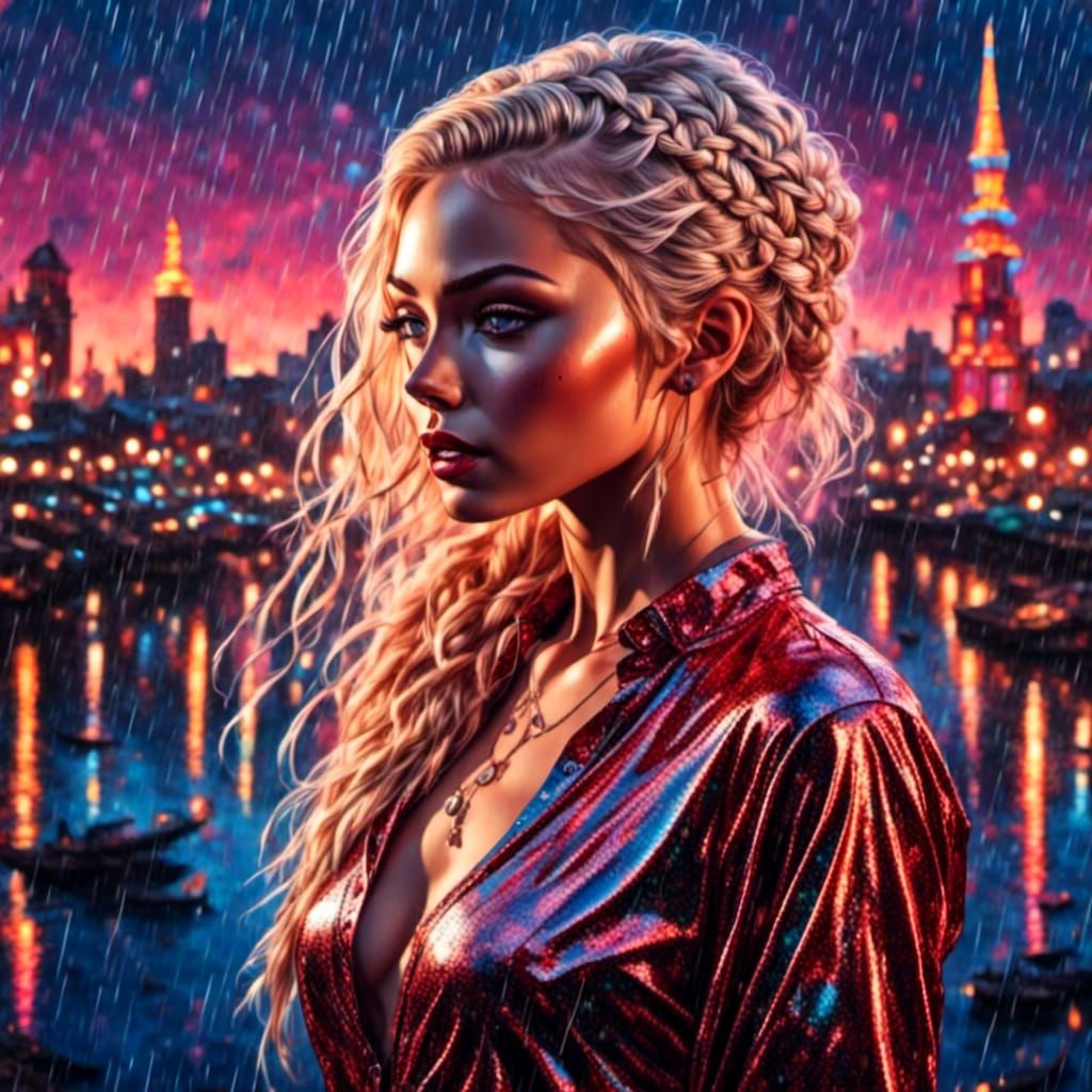 Beautiful Blonde in Rainy Cityscape