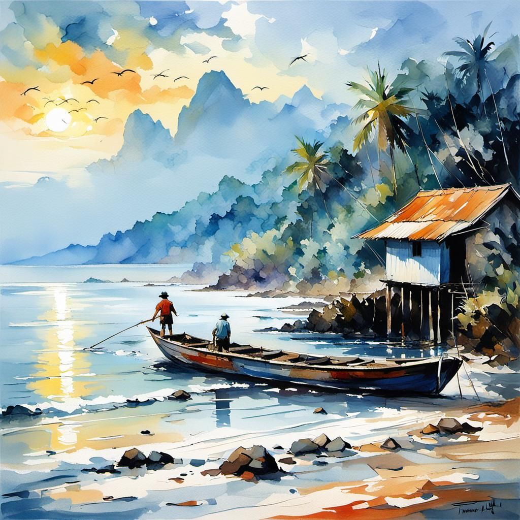 Filipino Fisherman at Dawn: Watercolor Impression