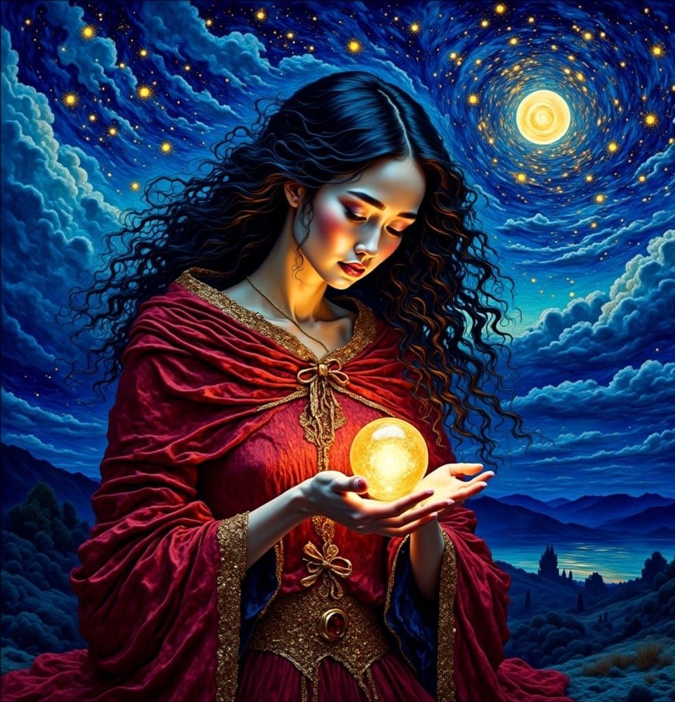 Royal Blue Night Sky with Elegant Woman Holding Glowing Orb