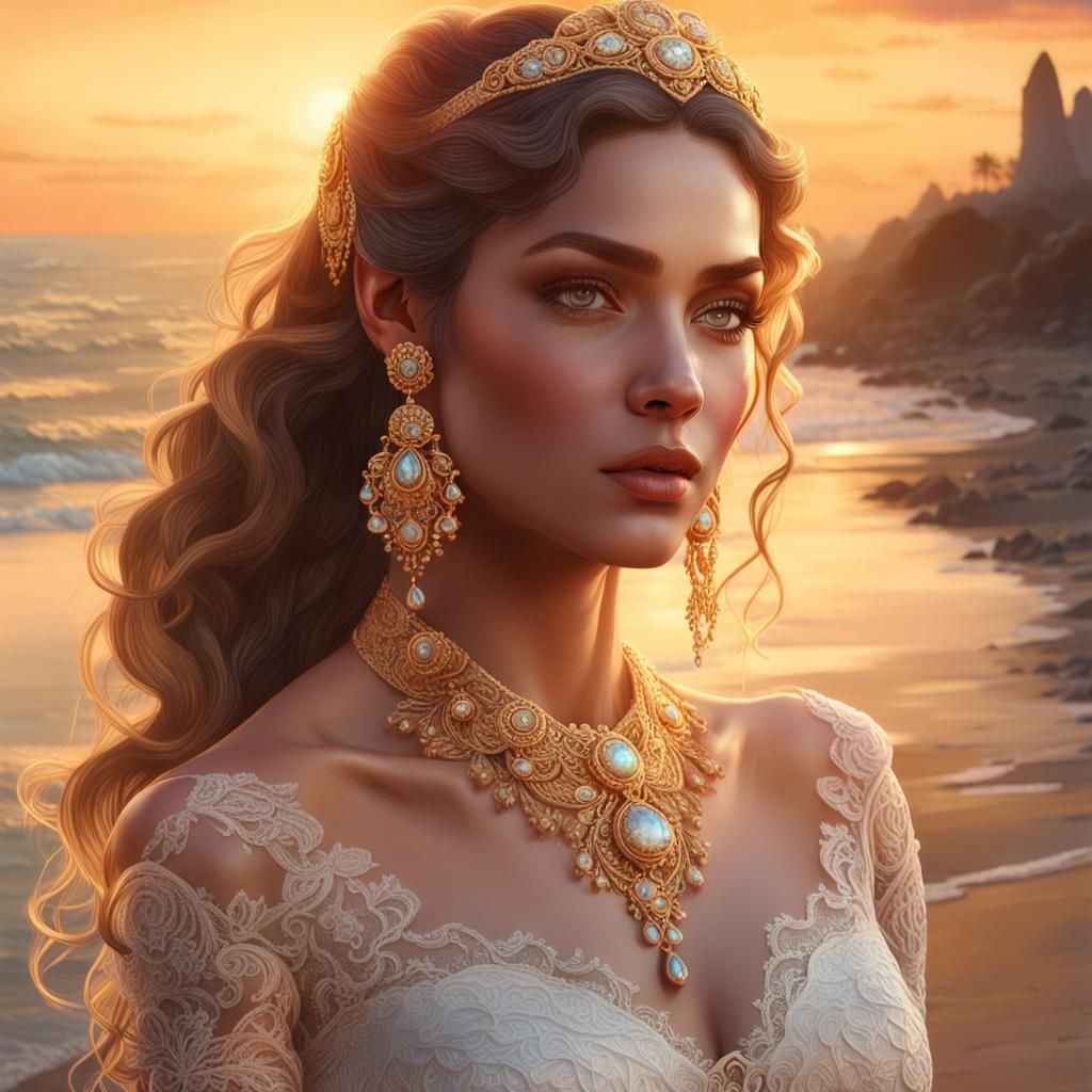 Woman in Lace Wedding Dress at Sunset
