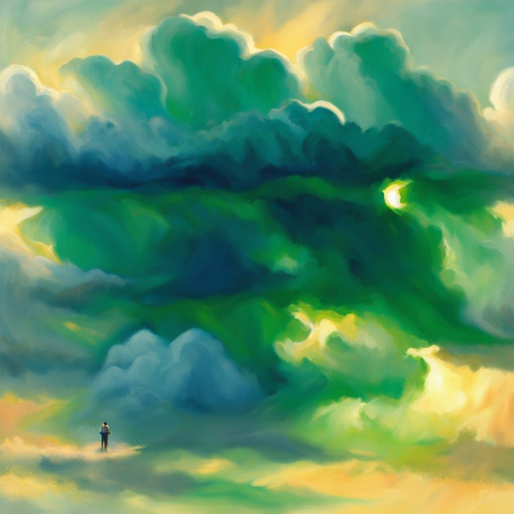 Impressionist Oil Painting: Green & Blue Hues with Golden Li...