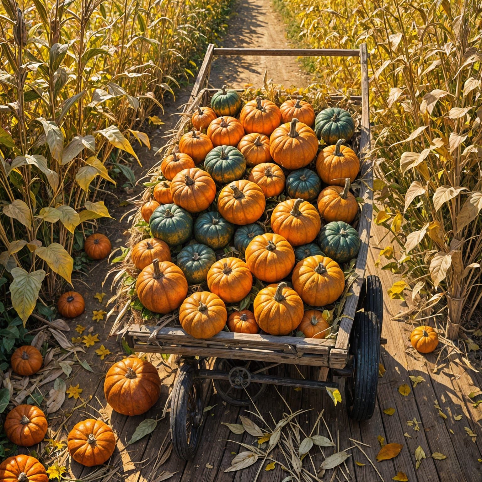 Golden Hour Harvest: Pumpkins, Gourds, and Corn in Autumn Fi...
