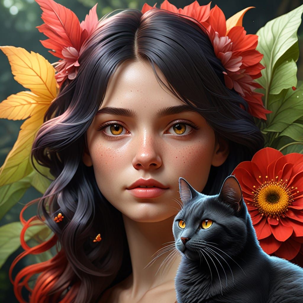 Mystical Realism Cats Amidst Vibrant Flower Mandala