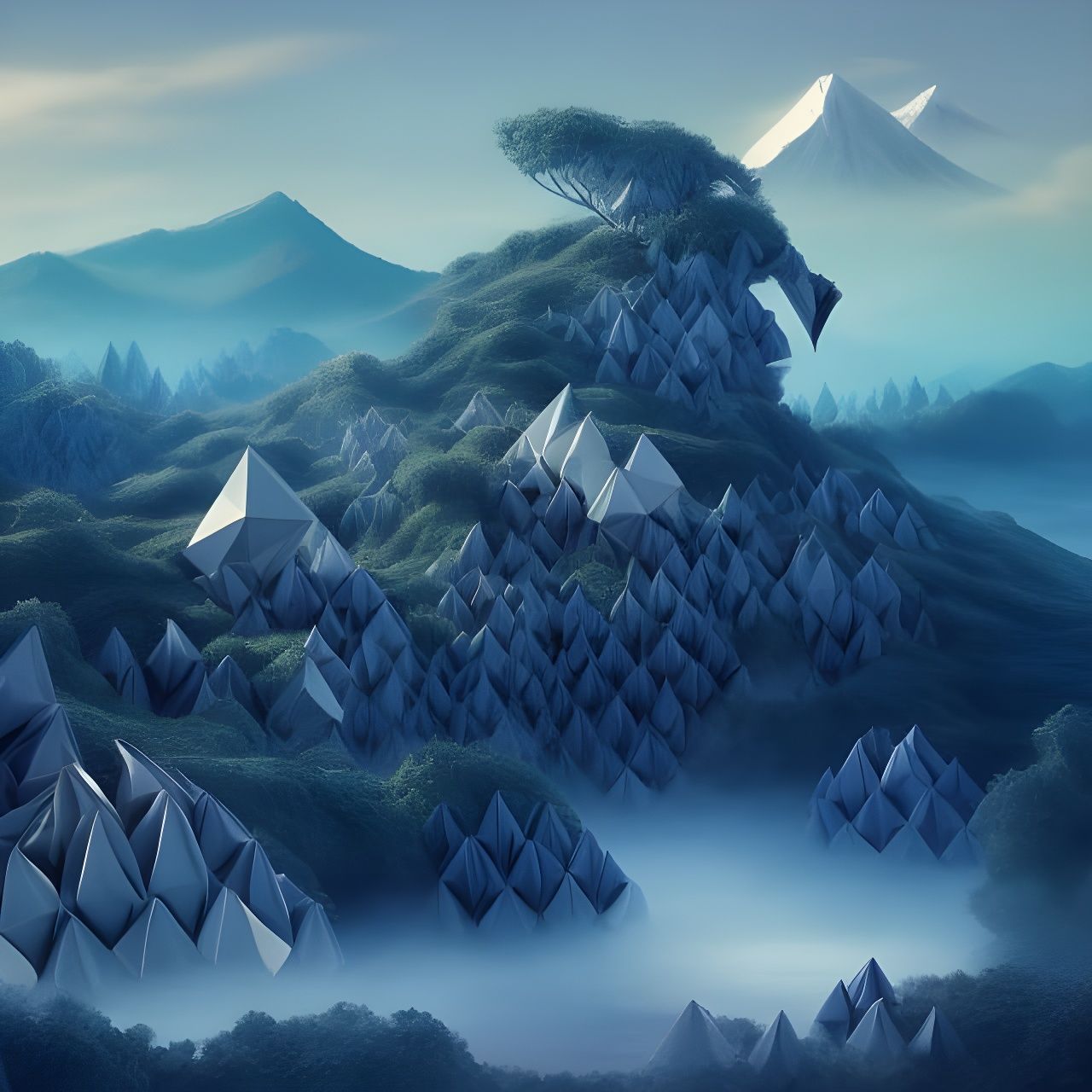 Photorealistic Origami Landscape in Hyperrealism Style