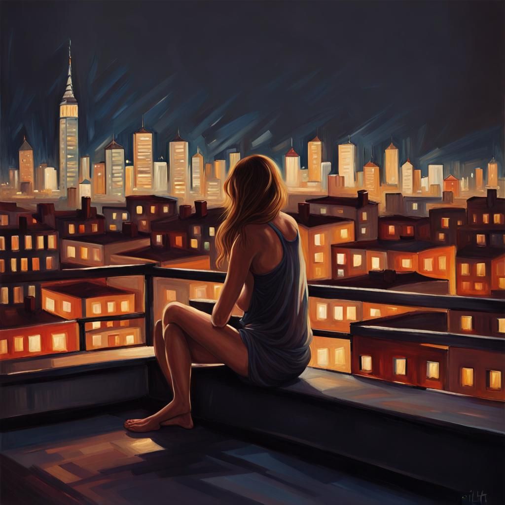 Rooftop Impressionist Oil Painting of City at Night
