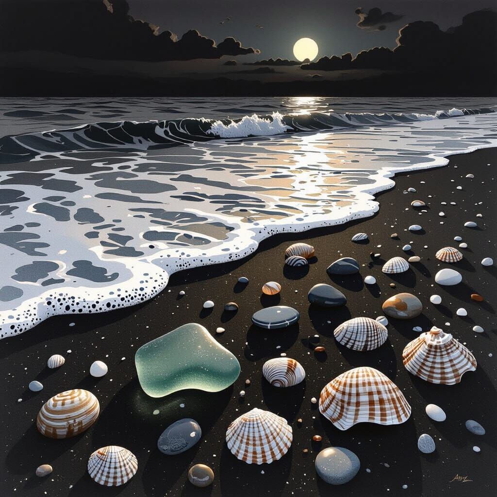 Surreal Beach at Dusk with Sea Glass