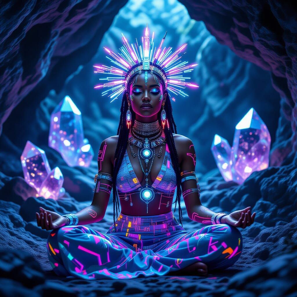 Biomechanical Woman Meditates in Crystal Cave in Neon Noir