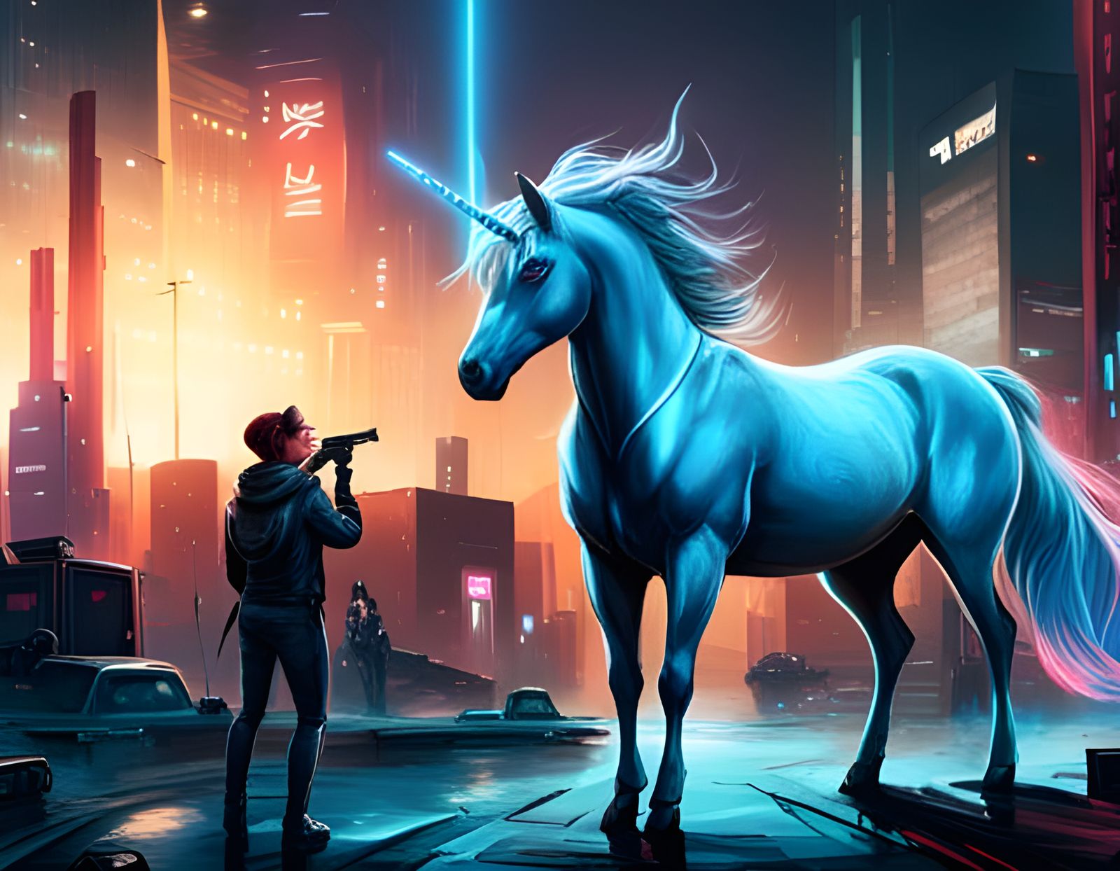 Cyberpunk Unicorn in Neon Tokyo: Detailed Painting
