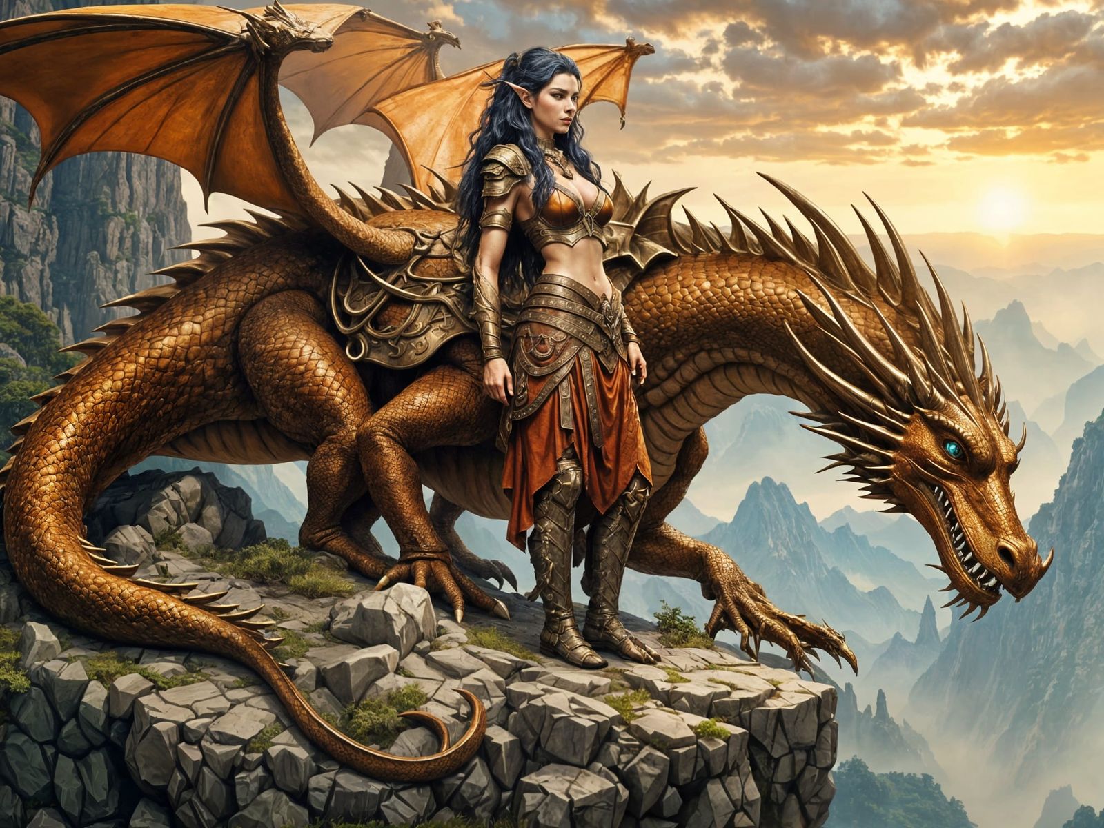 Elven Dragon Rider with Copper Dragon Mount
