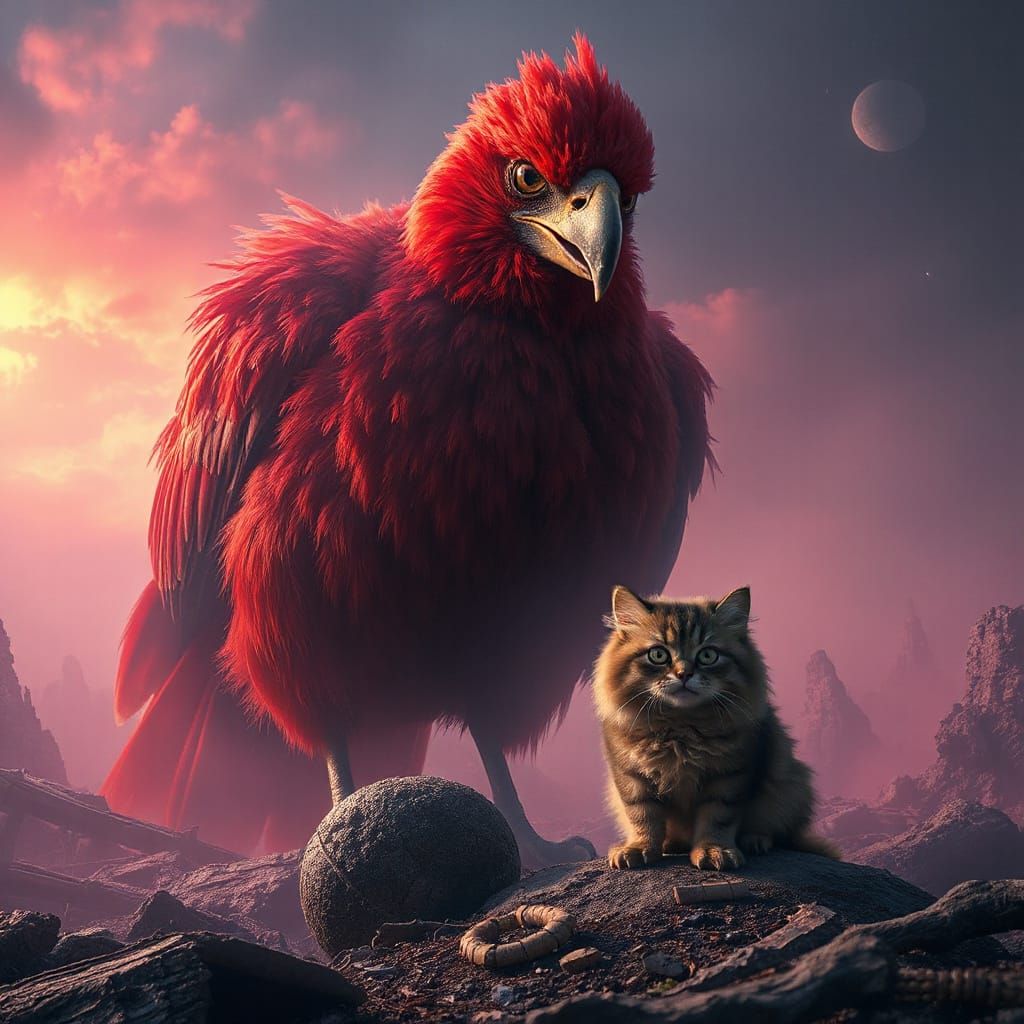 Giant Red Bird Over Cat in Ethereal Dreamscape