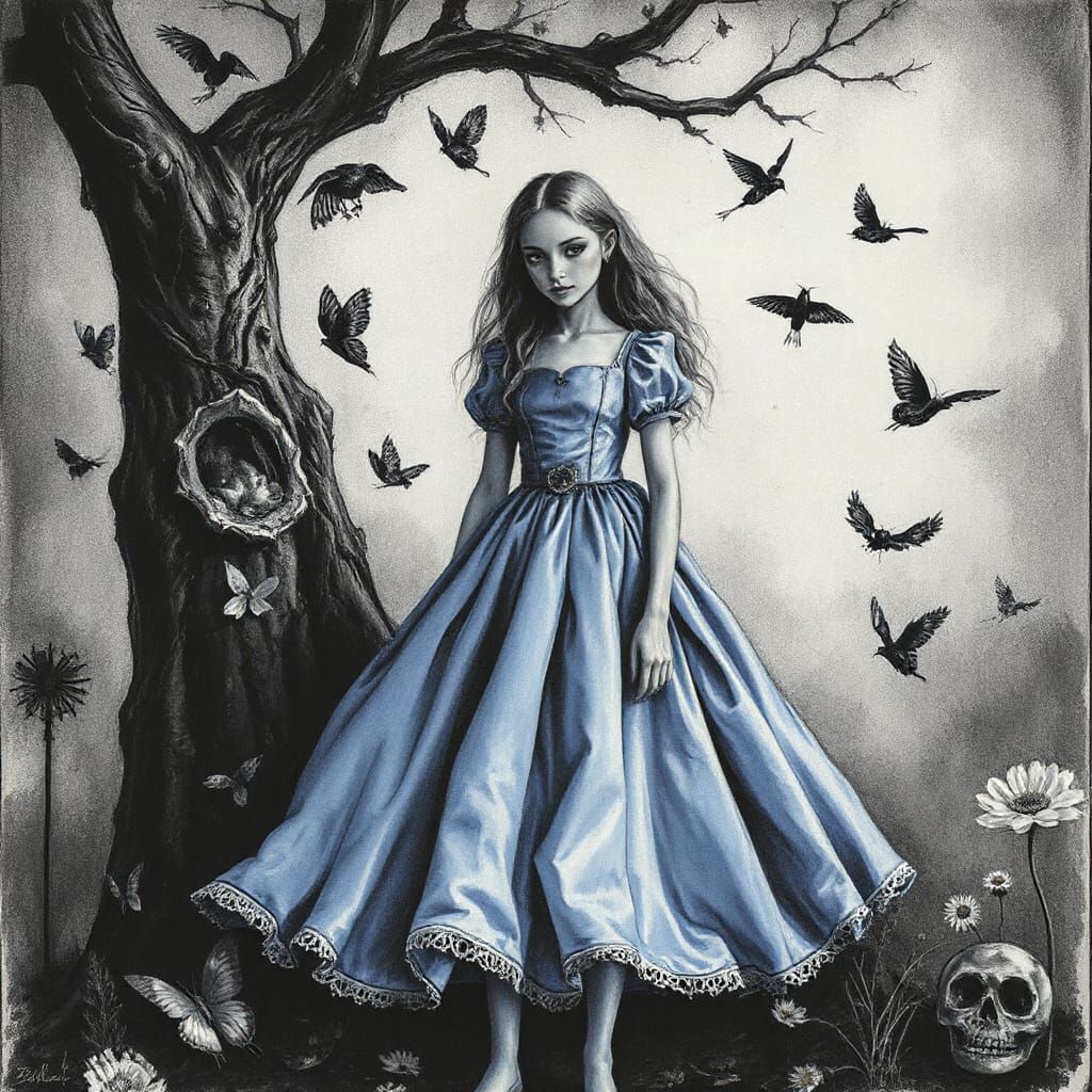Elegant Alice in Dark Romantic Charcoal Style