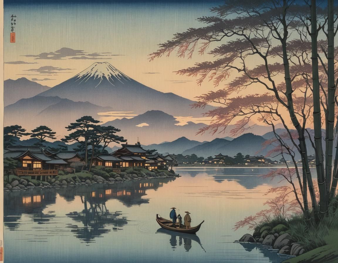 Japanese Town at Sunset: Ukiyo-e Style Print