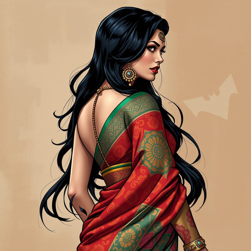 Vibrant Sari-Adorned Talia al Ghul in DC Comics Style