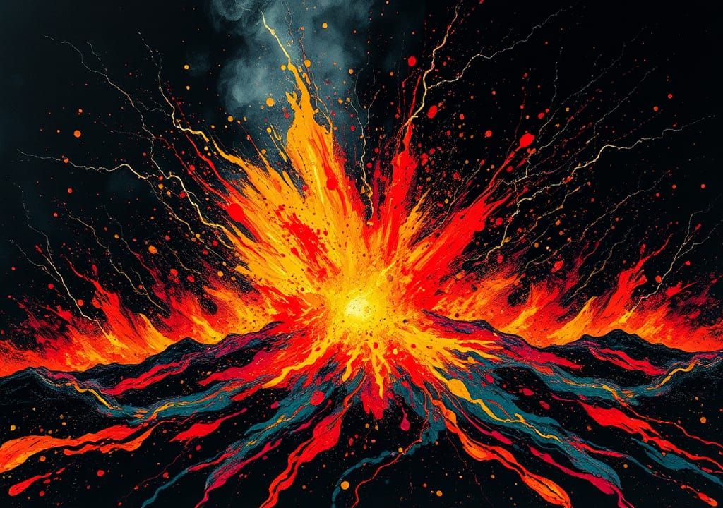 Volcanic Eruption in Ink Splatter Abstract Style