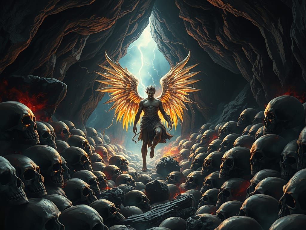 Fallen Angel in Skull Cave with Lightning Storm