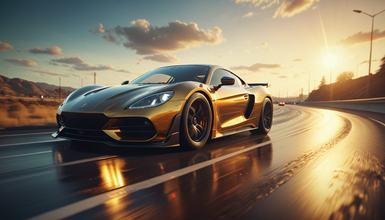 Futuristic Car Speeds on Highway in Vibrant Digital Painting