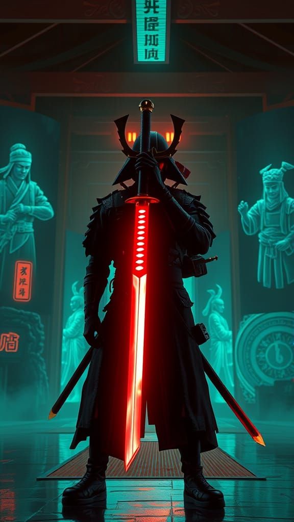 Cyberpunk Samurai Guardian in Neon-Lit Dojo