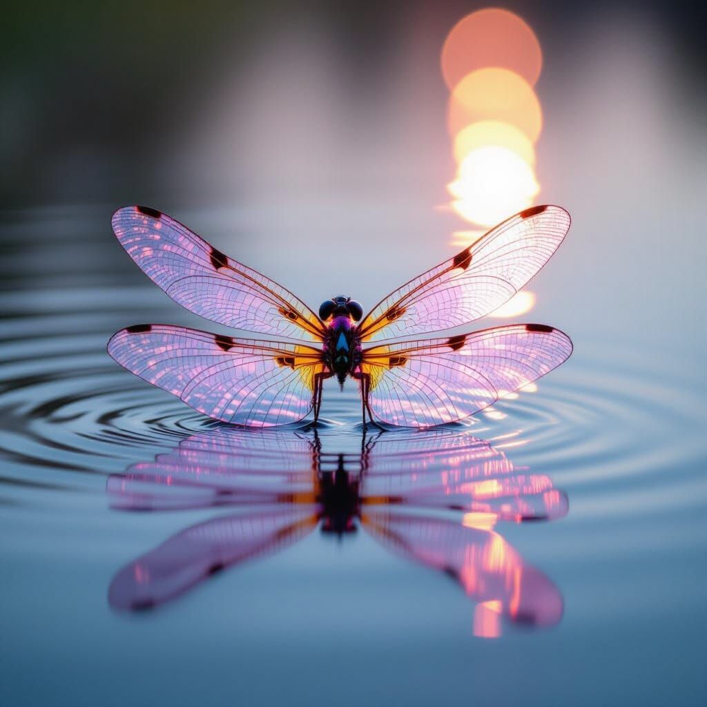 Iridescent Dragonfly Over Calm Water, Dreamlike Y2K Aestheti...