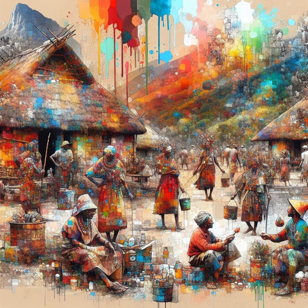 Traditional Life Before Colonialism in Mixed Media Style