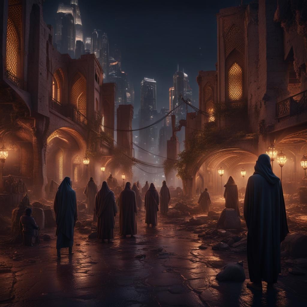 Crescent Moon Over Modern Arabic City at Night