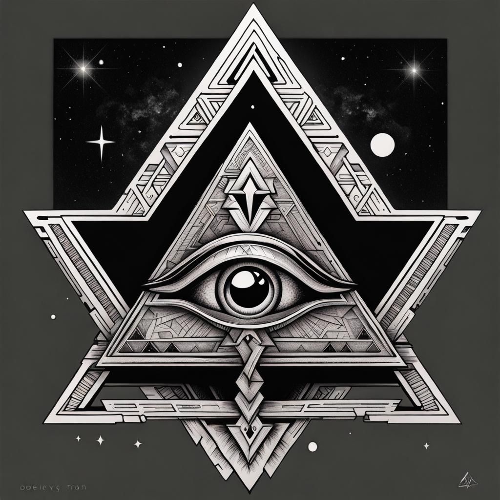 an upside down cross with an eye on it, pyramid, triangle, satanic, black and white, mystic alchemical occult art, black...