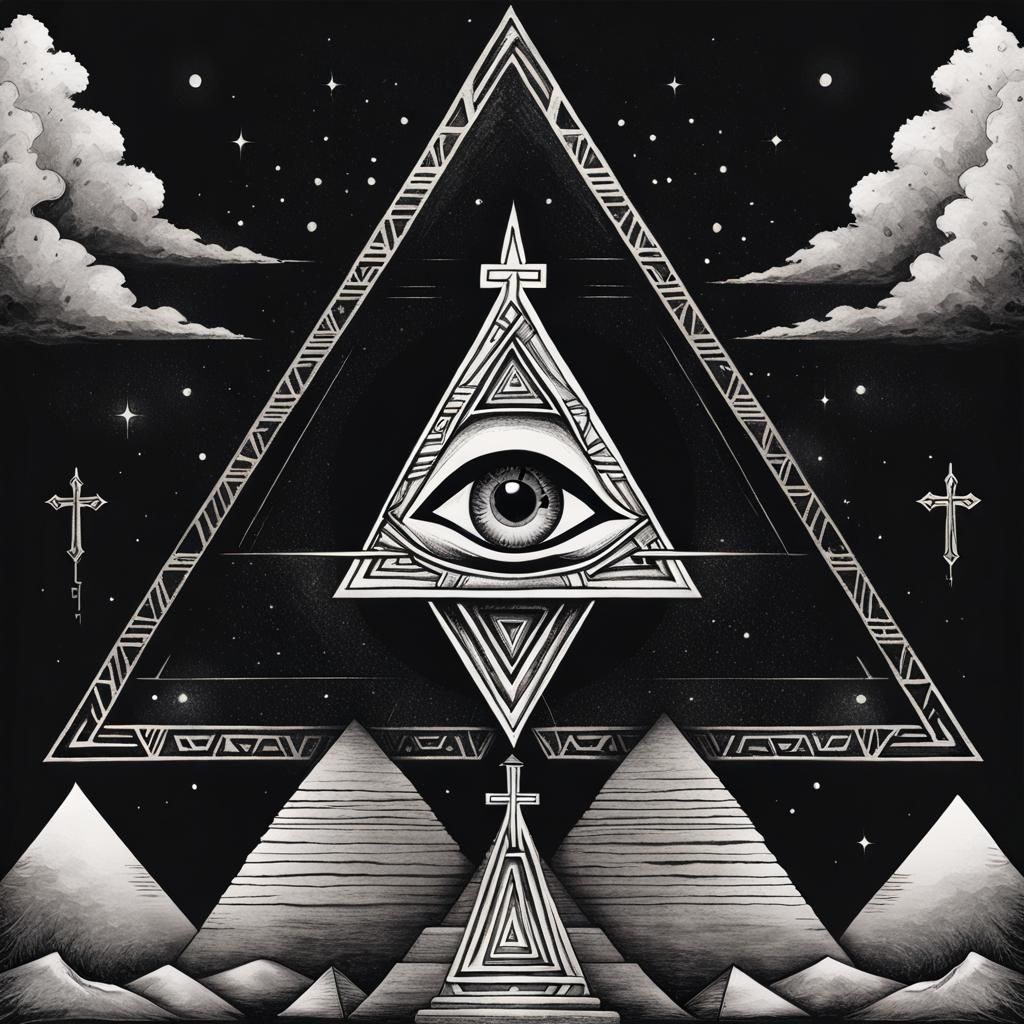 an upside down cross with an eye on it, pyramid, triangle, satanic, black and white, mystic alchemical occult art, black...