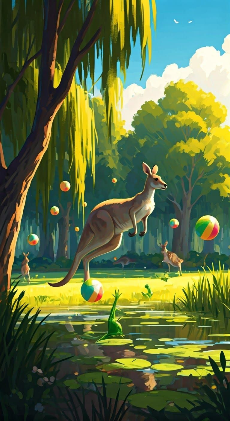 Joyful Kangaroos and Frogs in Sun-Drenched Park