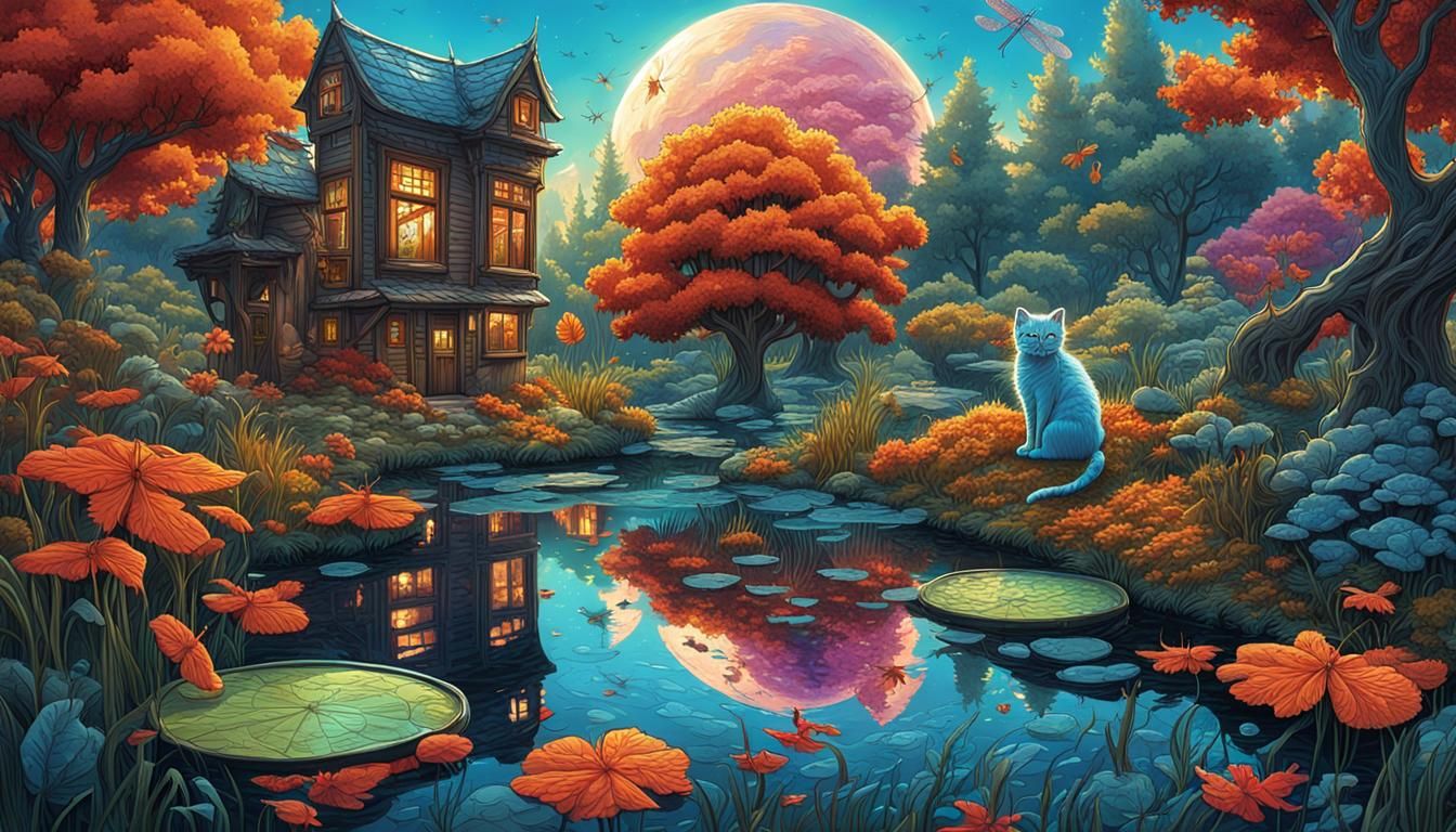 Fluffy Kitten in Autumn Garden, Surreal Digital Art