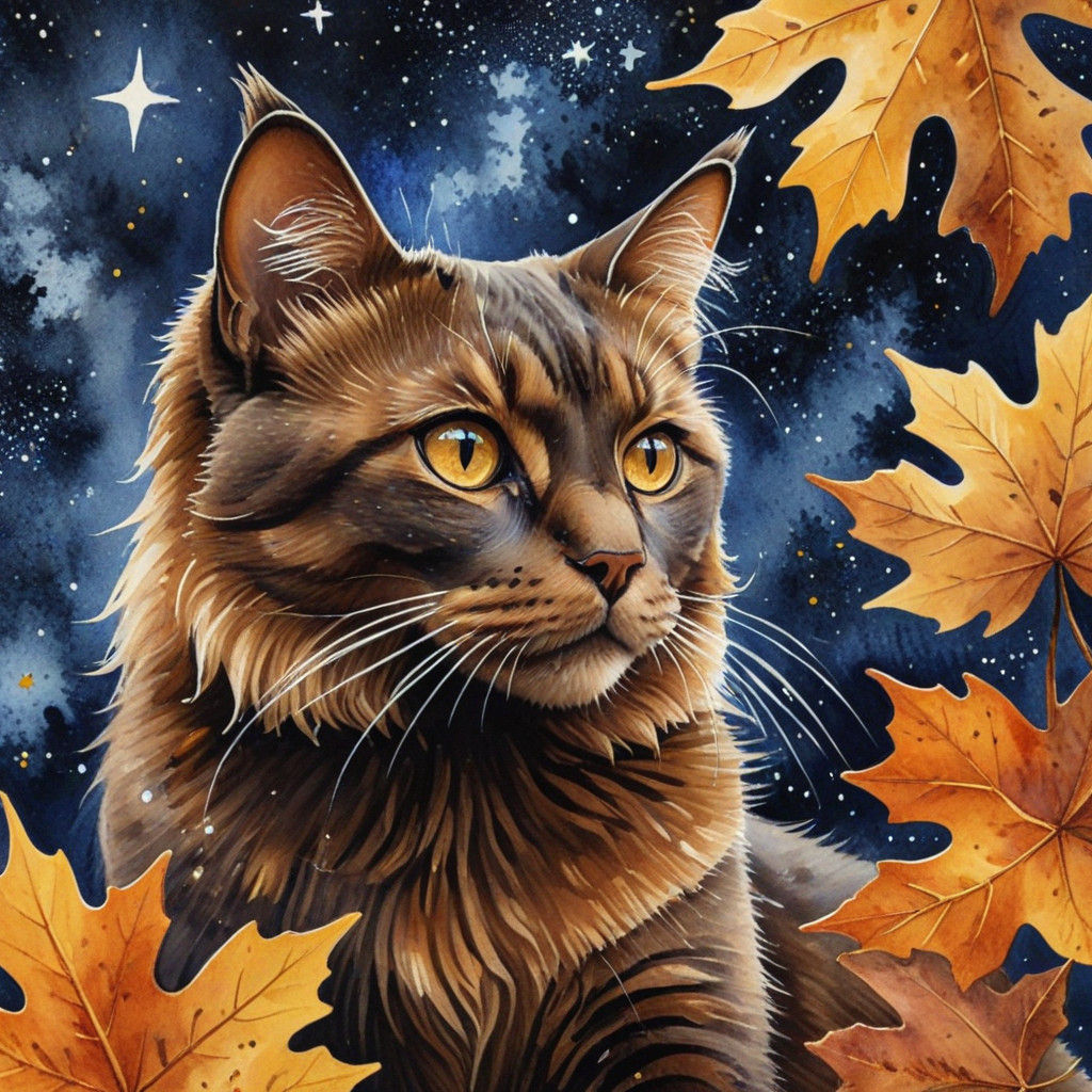 Whimsical Cat in Fall Landscape, in Liquid Ink Watercolor St...