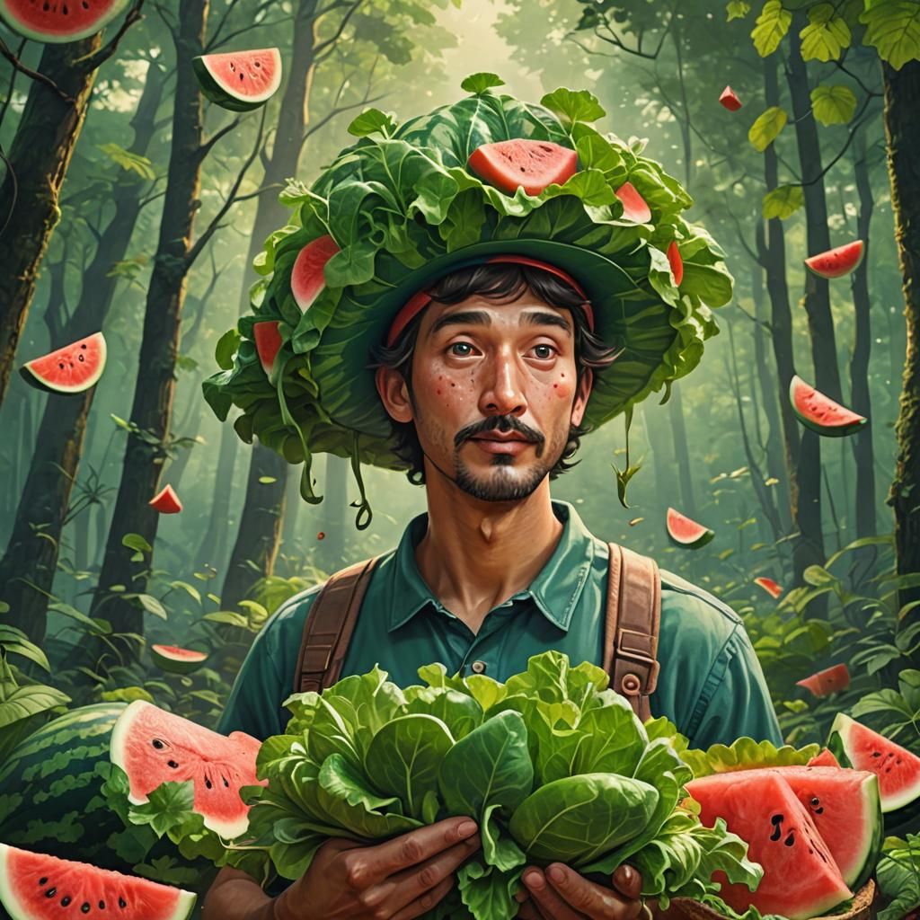Hyperrealistic Salad Man in Deep Forest