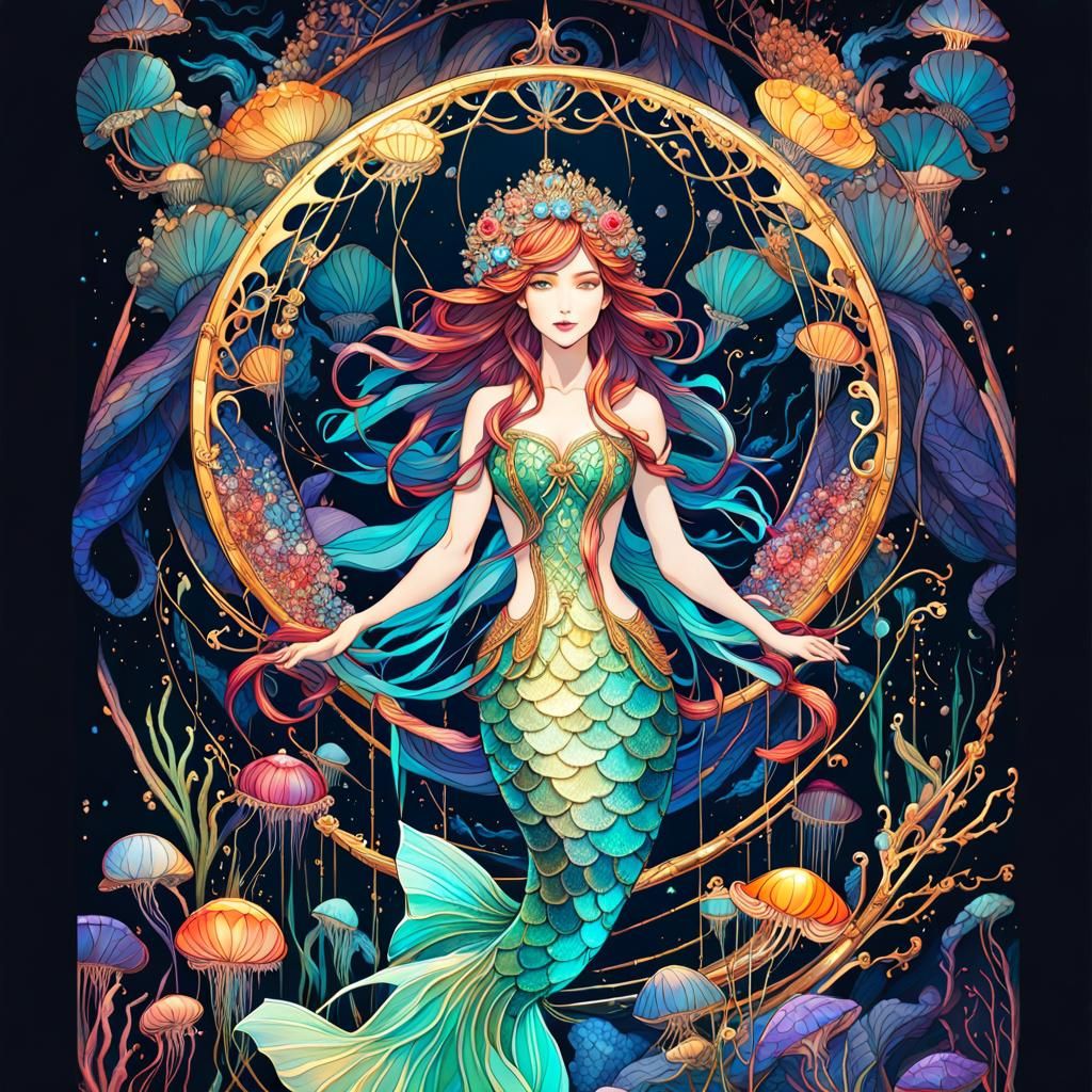 Jellyfish Mermaid in Stained Glass Style