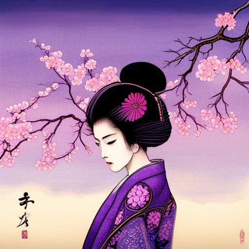 Purple Geisha in Ink Art Style