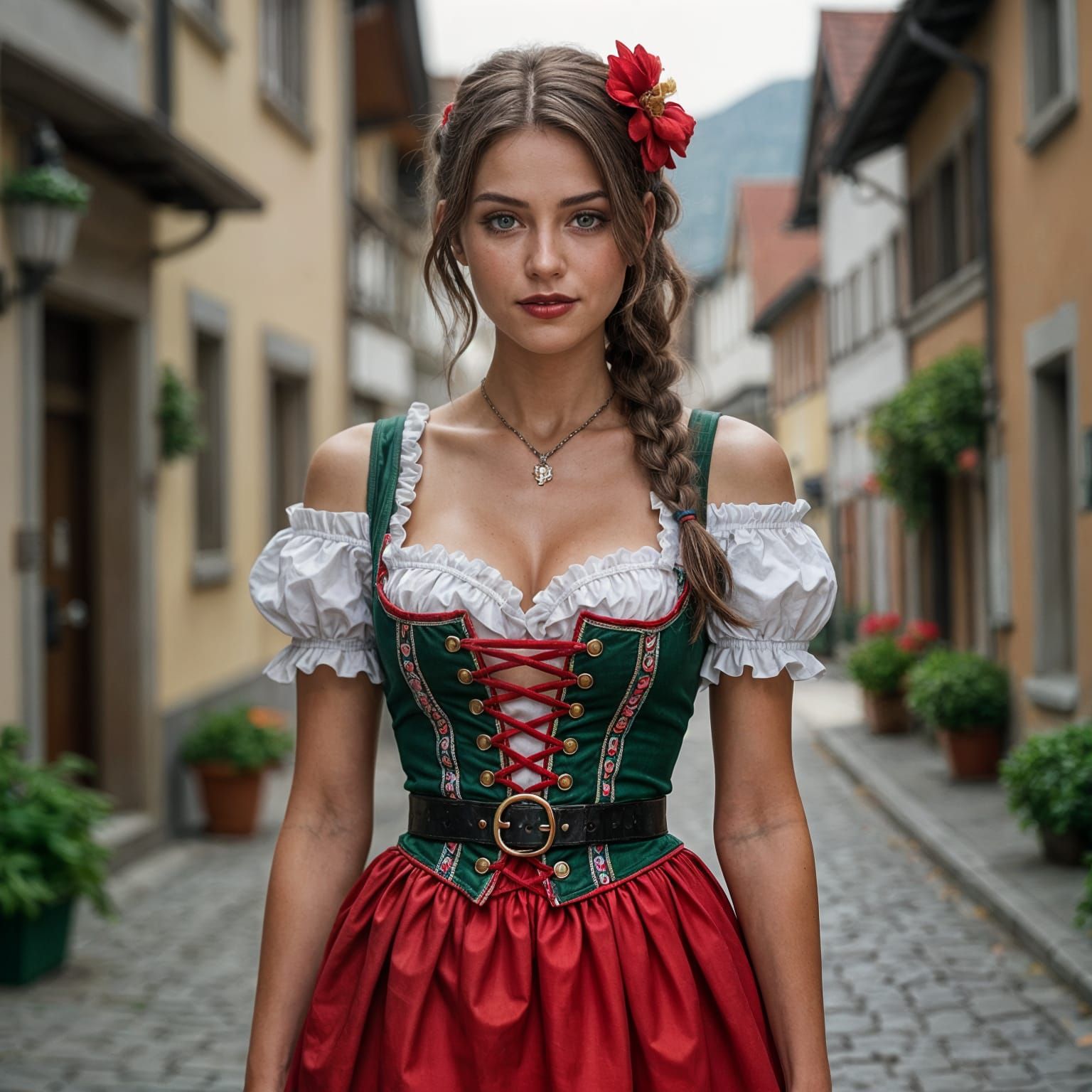 Beautiful Woman in Dirndl and Harley Quinn Style