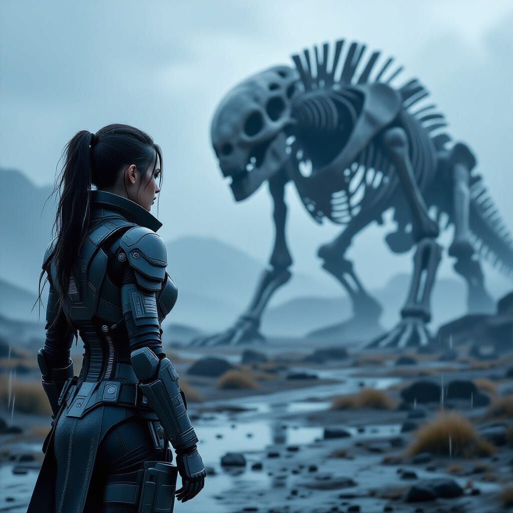 Cyborg Woman Surveys Ancient Bones on Alien World