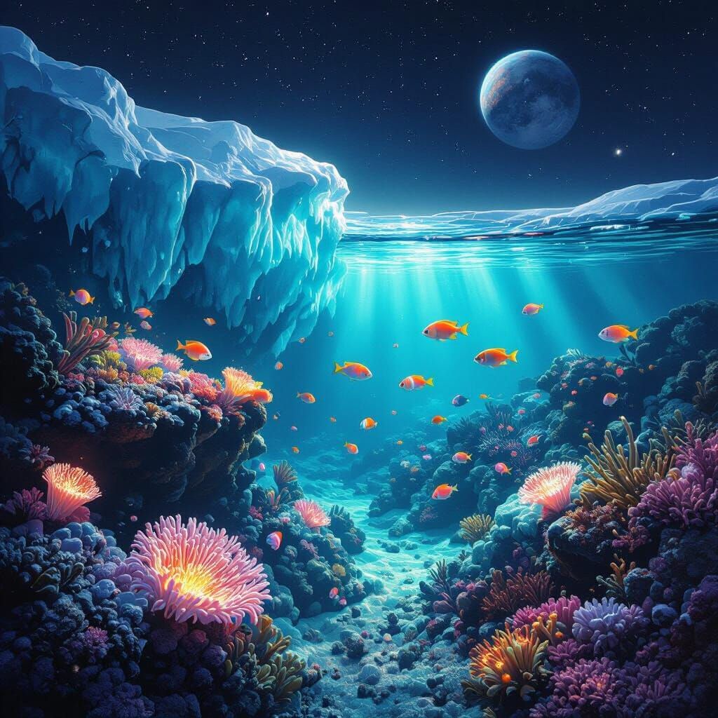 Bioluminescent Coral Reef Under Europa's Ice, Digital Painti...
