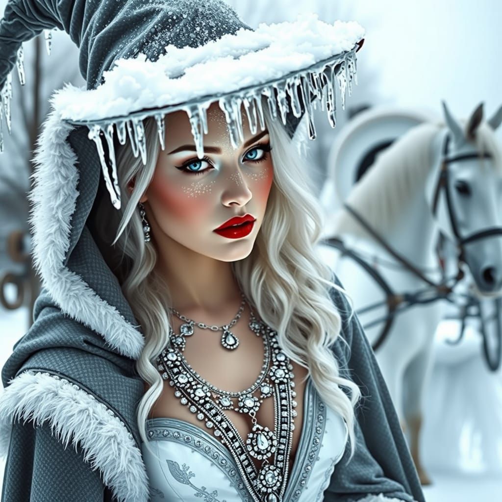 Ice Witch Portrait with Silver Jewelry in Winter Scene