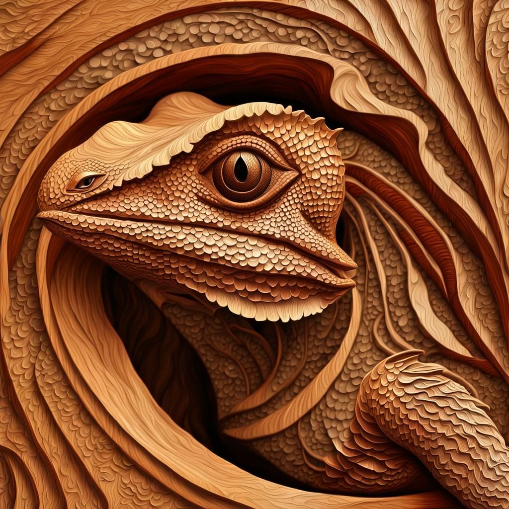 Wood Carved Frilled Lizard Portrait in Jungle Scene